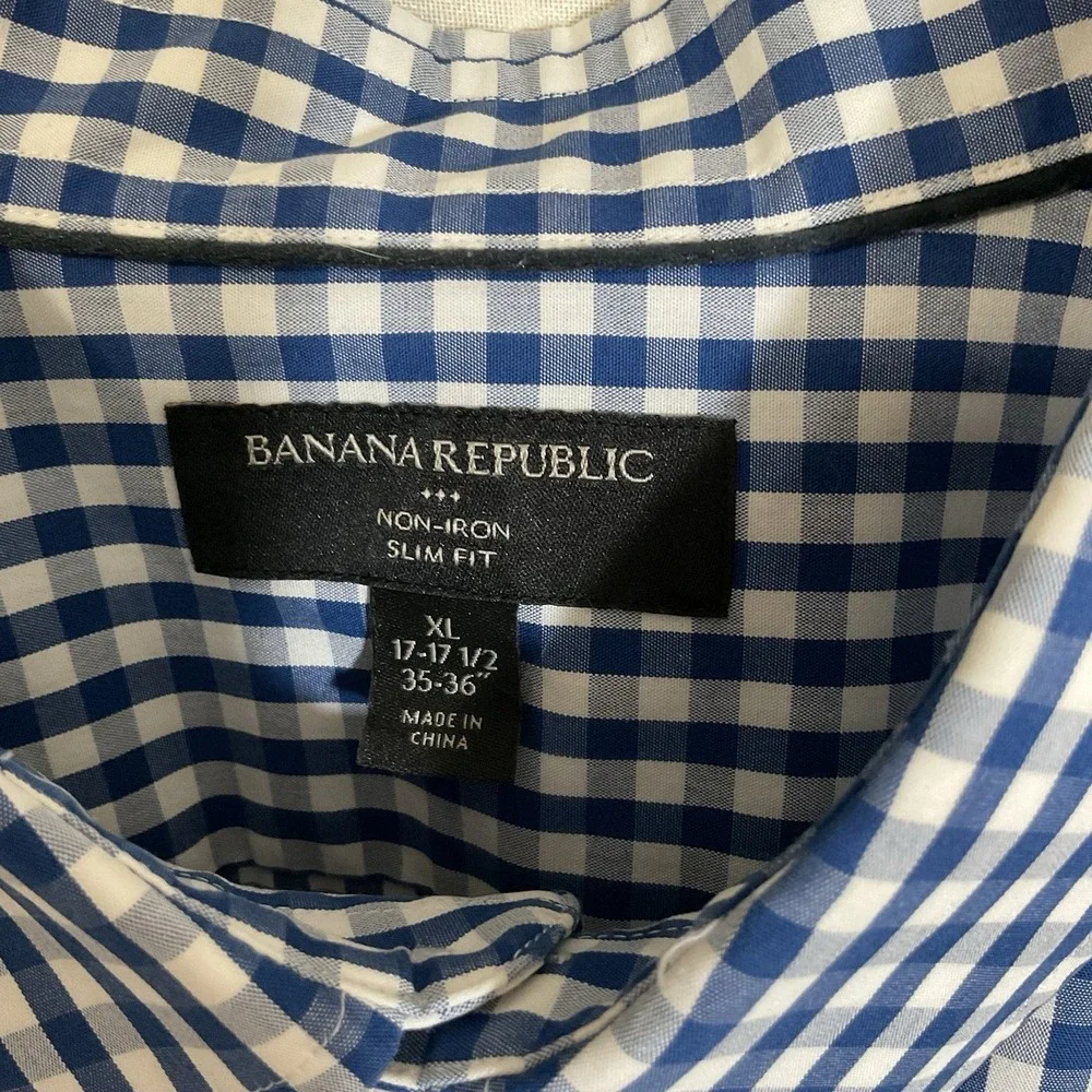Men's Banana Republic Button Down Shirt Blue Gingham Non Iron Slim Fit size XL